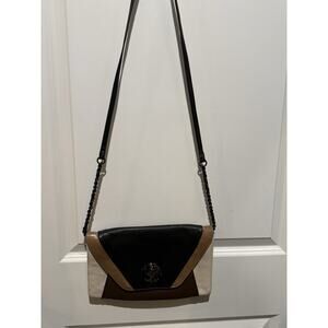Elliott Lucca Leather Crossbody Bag Colorblock Black Brown Cream Chain Strap